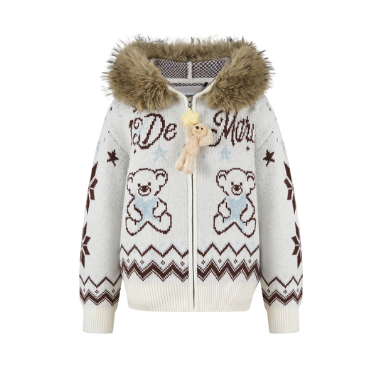 13DE MARZO Fair Isle Collar Zip Hoodie Beige