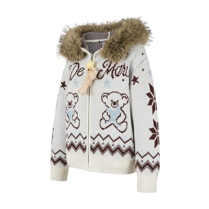 13DE MARZO Fair Isle Collar Zip Hoodie Beige