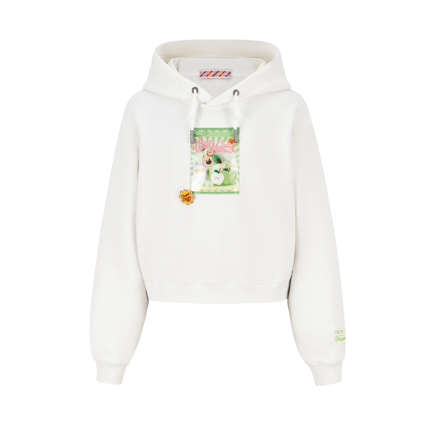 13DE MARZO Lollipop Wrapper Cropped Hoodie White