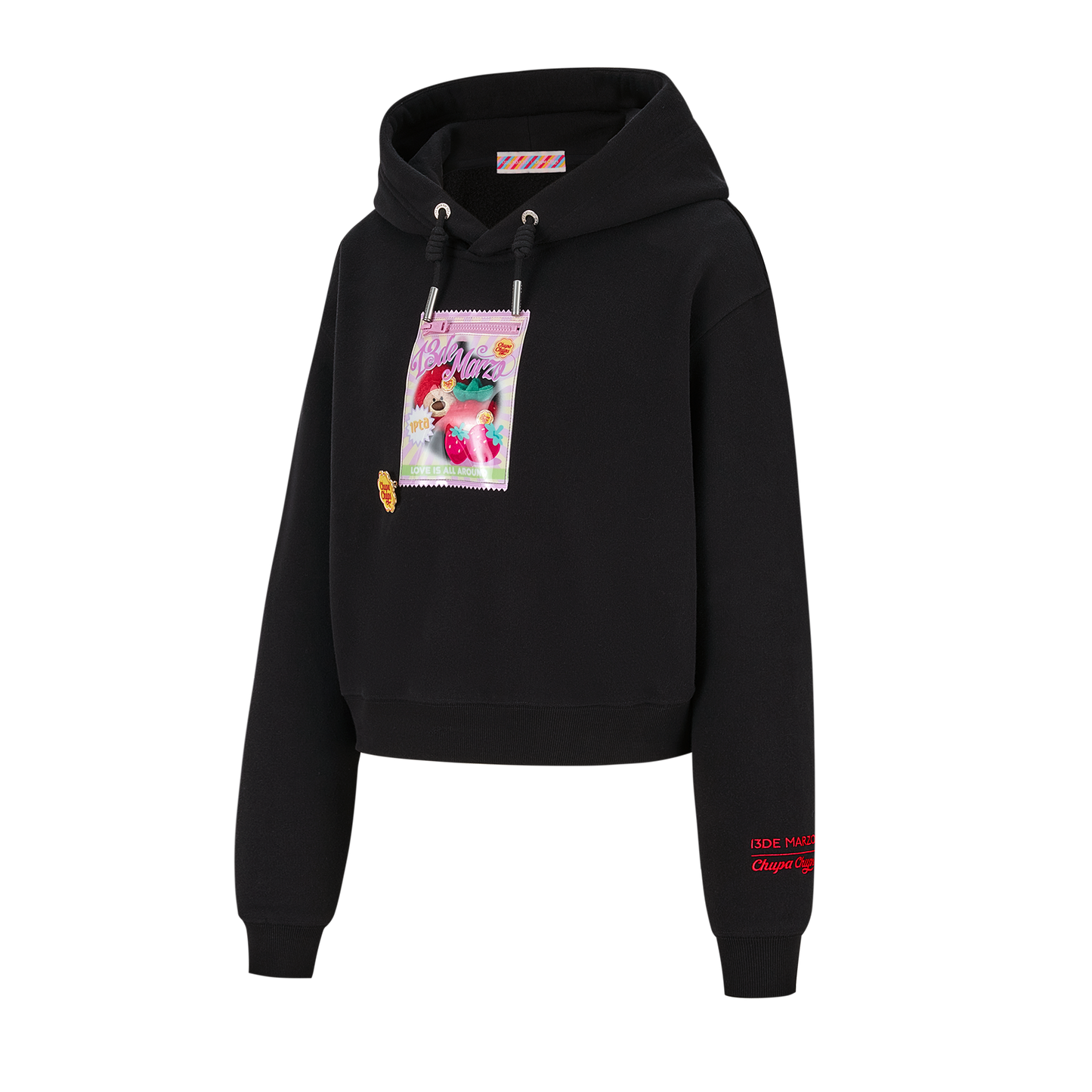13DE MARZO Lollipop Wrapper Cropped Hoodie Black