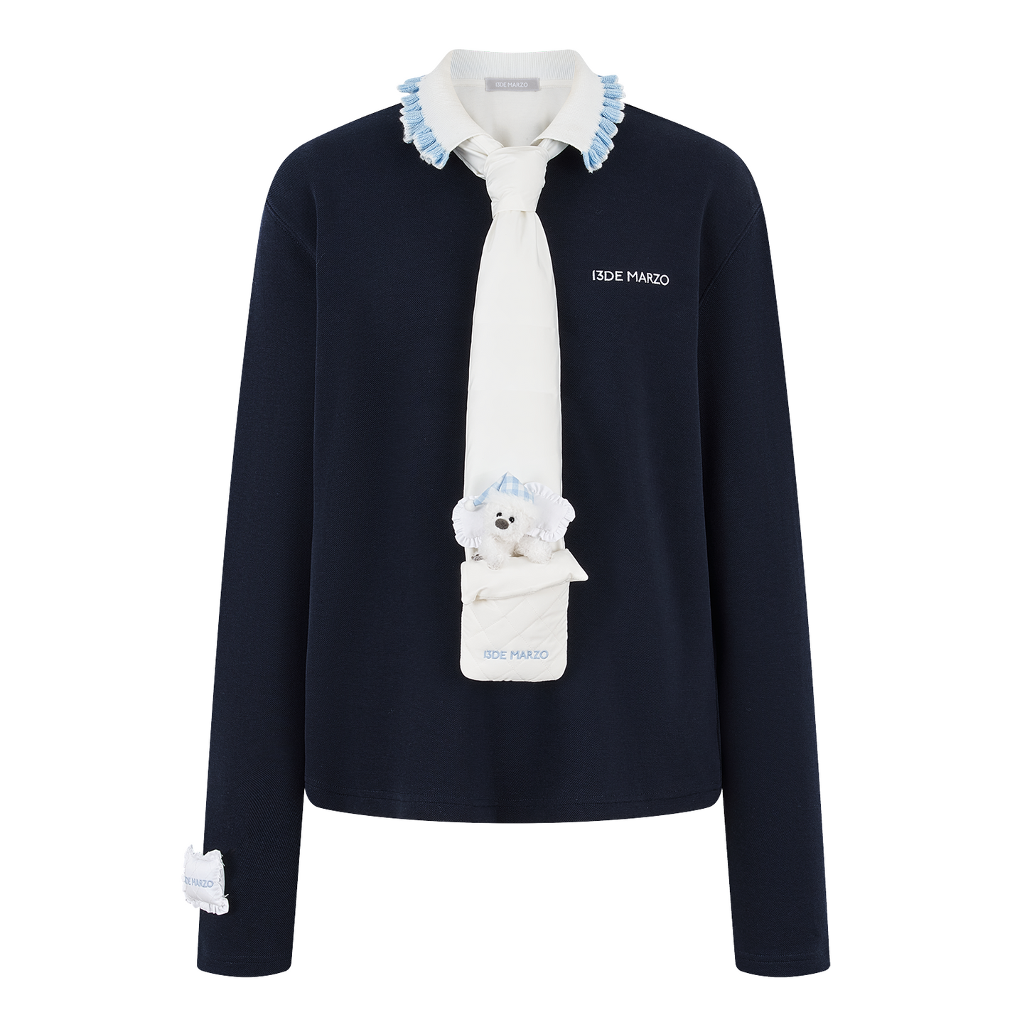 13DE MARZO Nighty Night Bear Long-Sleeve Polo Navy Blue