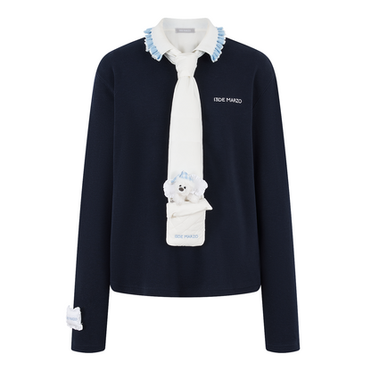 13DE MARZO Nighty Night Bear Long-Sleeve Polo Navy Blue