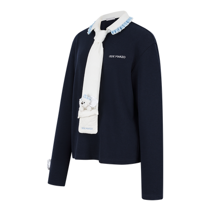 13DE MARZO Nighty Night Bear Long-Sleeve Polo Navy Blue