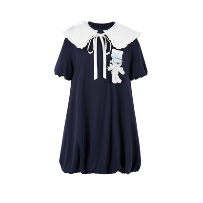 13DE MARZO Nighty Night Bear Collar Dress Navy Blue