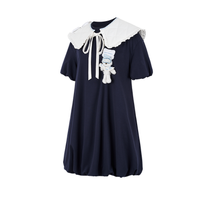 13DE MARZO Nighty Night Bear Collar Dress Navy Blue
