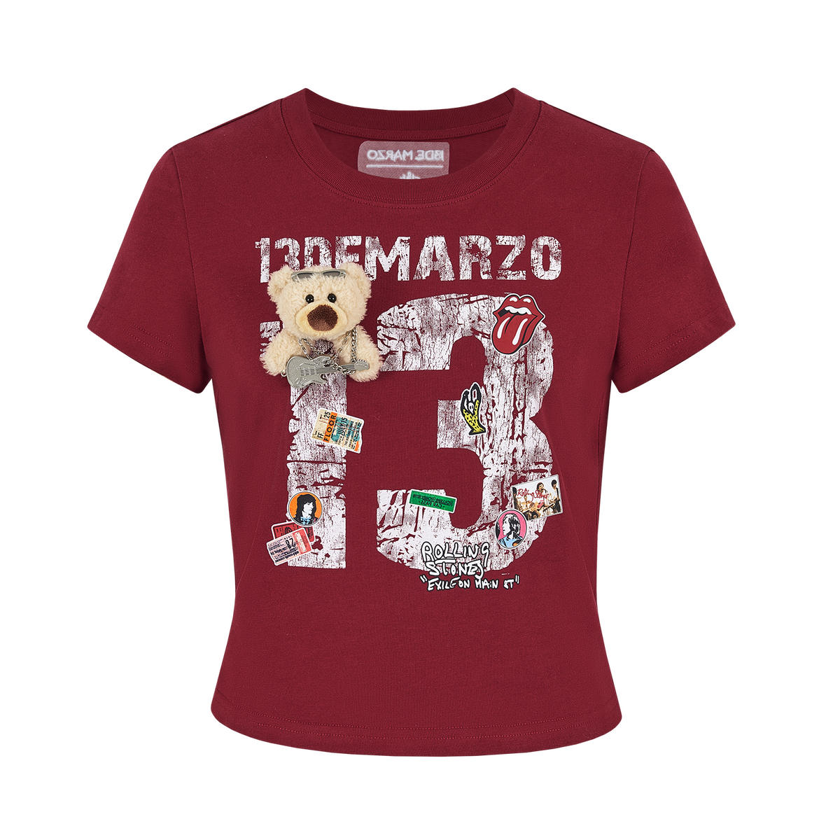 13DE MARZO Rolling Stones Cropped Distressed Tee Red