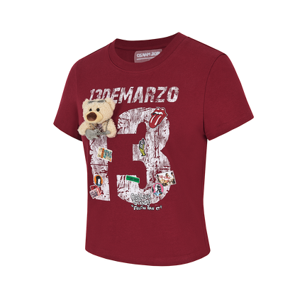13DE MARZO Rolling Stones Cropped Distressed Tee Red
