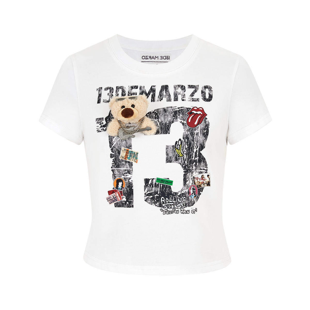13DE MARZO Rolling Stones Cropped Distressed Tee White