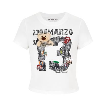 13DE MARZO Rolling Stones Cropped Distressed Tee White