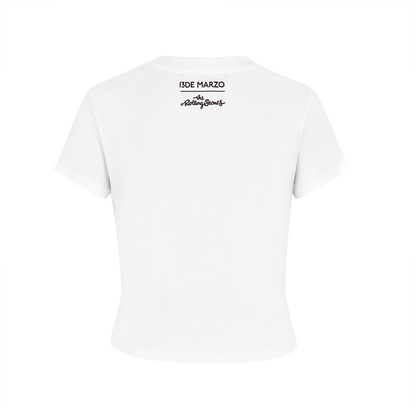 13DE MARZO Rolling Stones Cropped Distressed Tee White