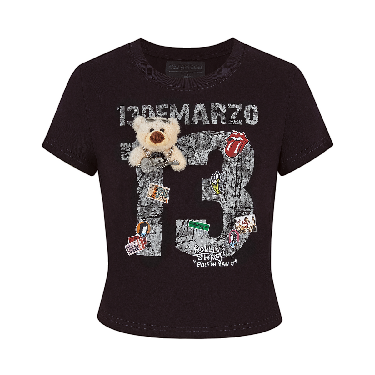 13DE MARZO Rolling Stones Cropped Distressed Tee Black