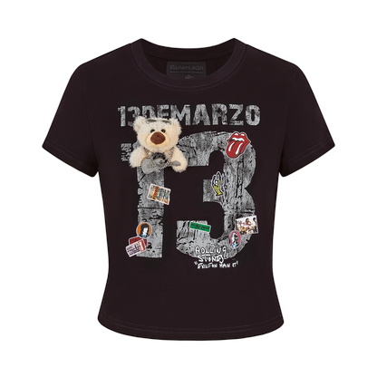 13DE MARZO Rolling Stones Cropped Distressed Tee Black