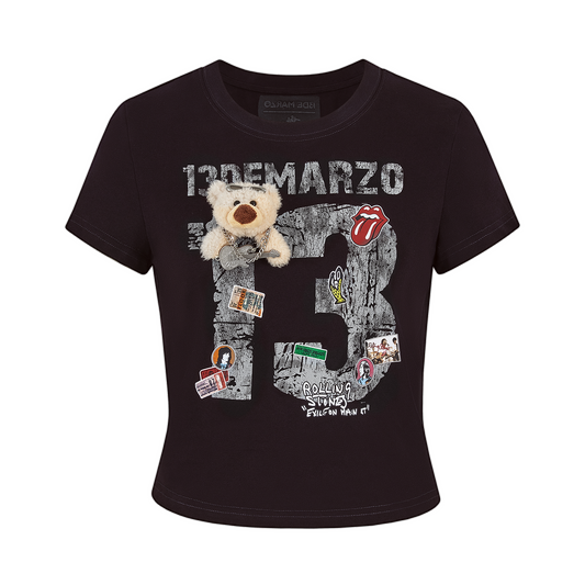 13DE MARZO Rolling Stones Cropped Distressed Tee Black