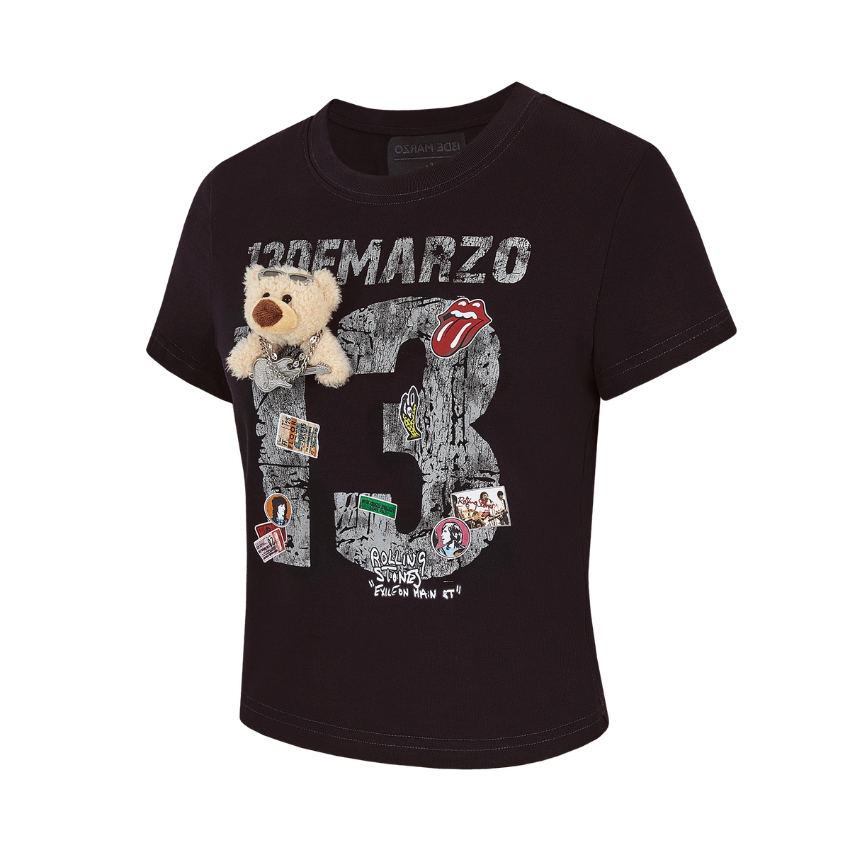 13DE MARZO Rolling Stones Cropped Distressed Tee Black