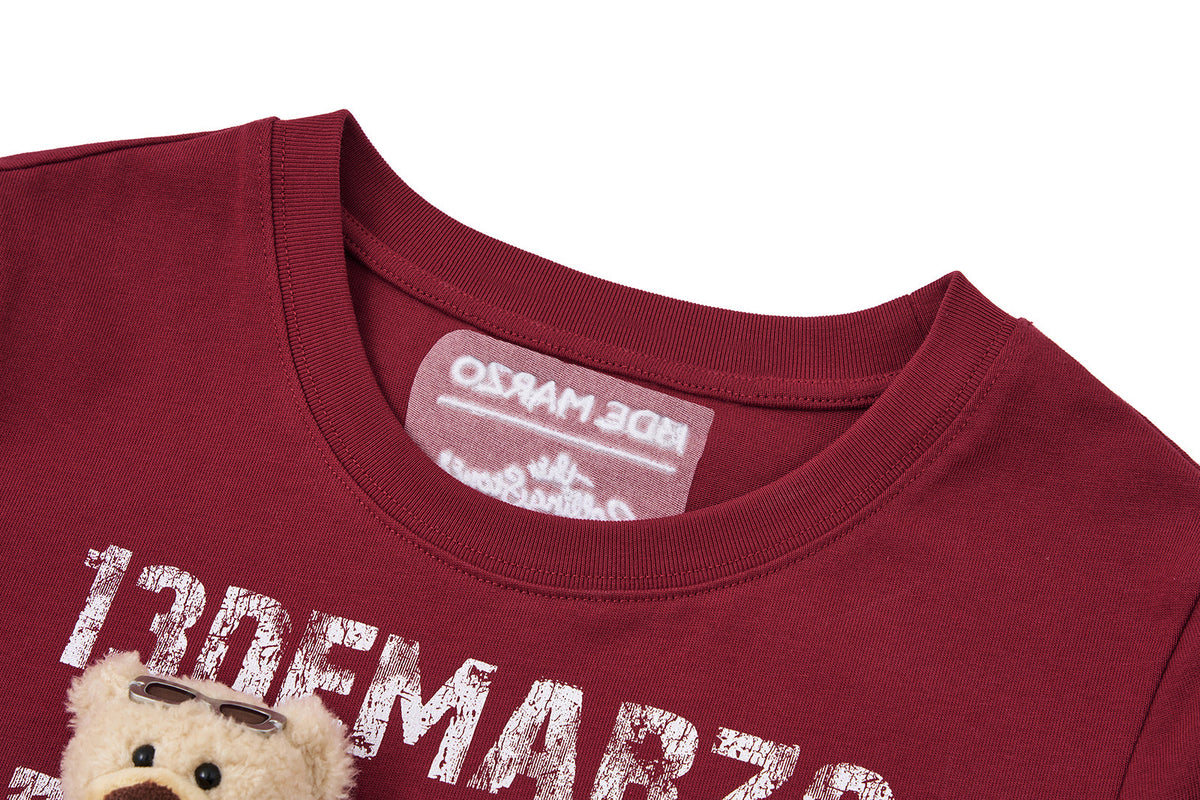 13DE MARZO Rolling Stones Cropped Distressed Tee Red