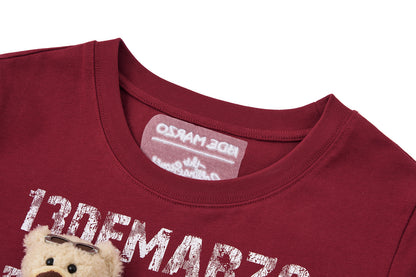 13DE MARZO Rolling Stones Cropped Distressed Tee Red