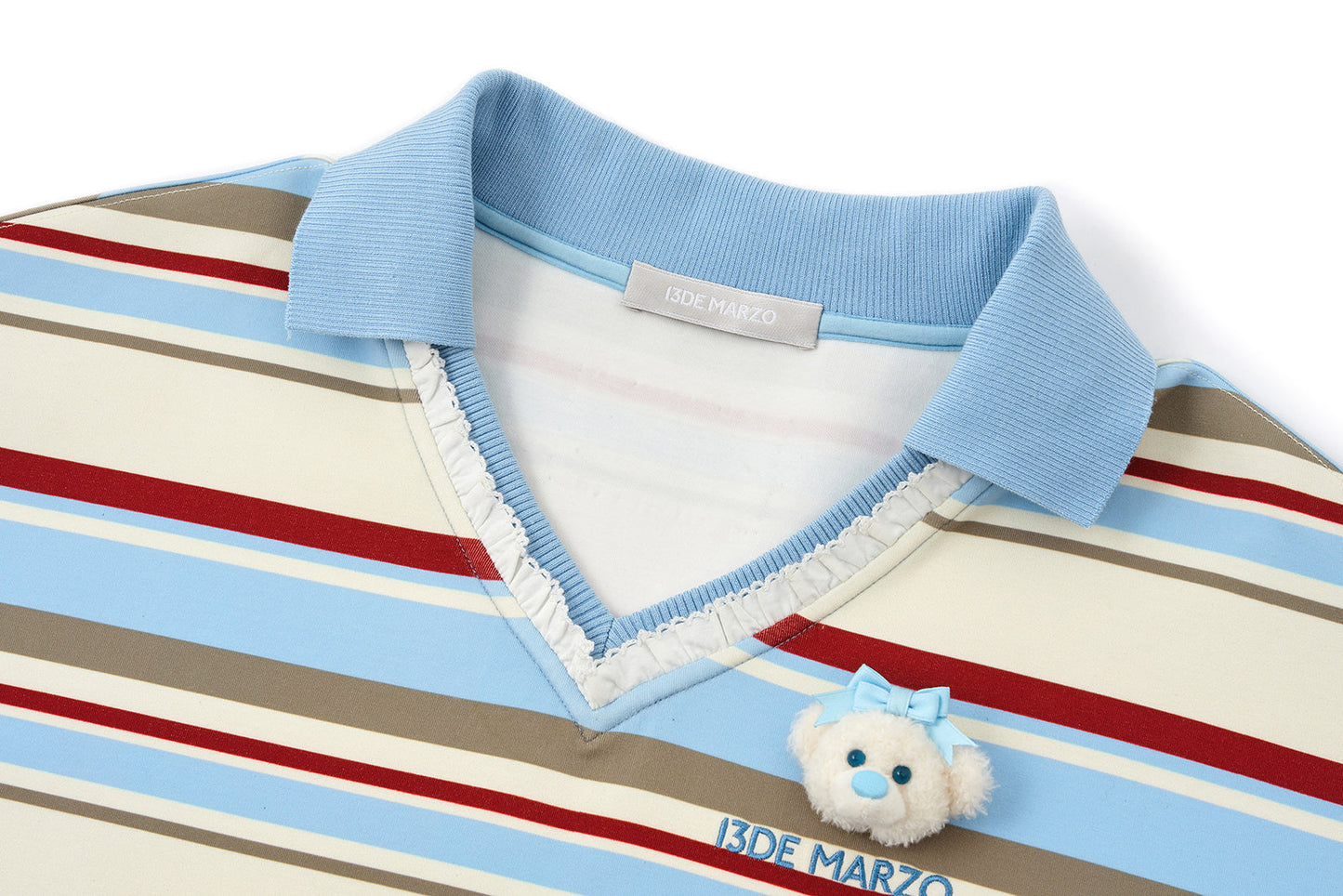 13DE MARZO V-Neck Polo Stripe T-shirt Blue