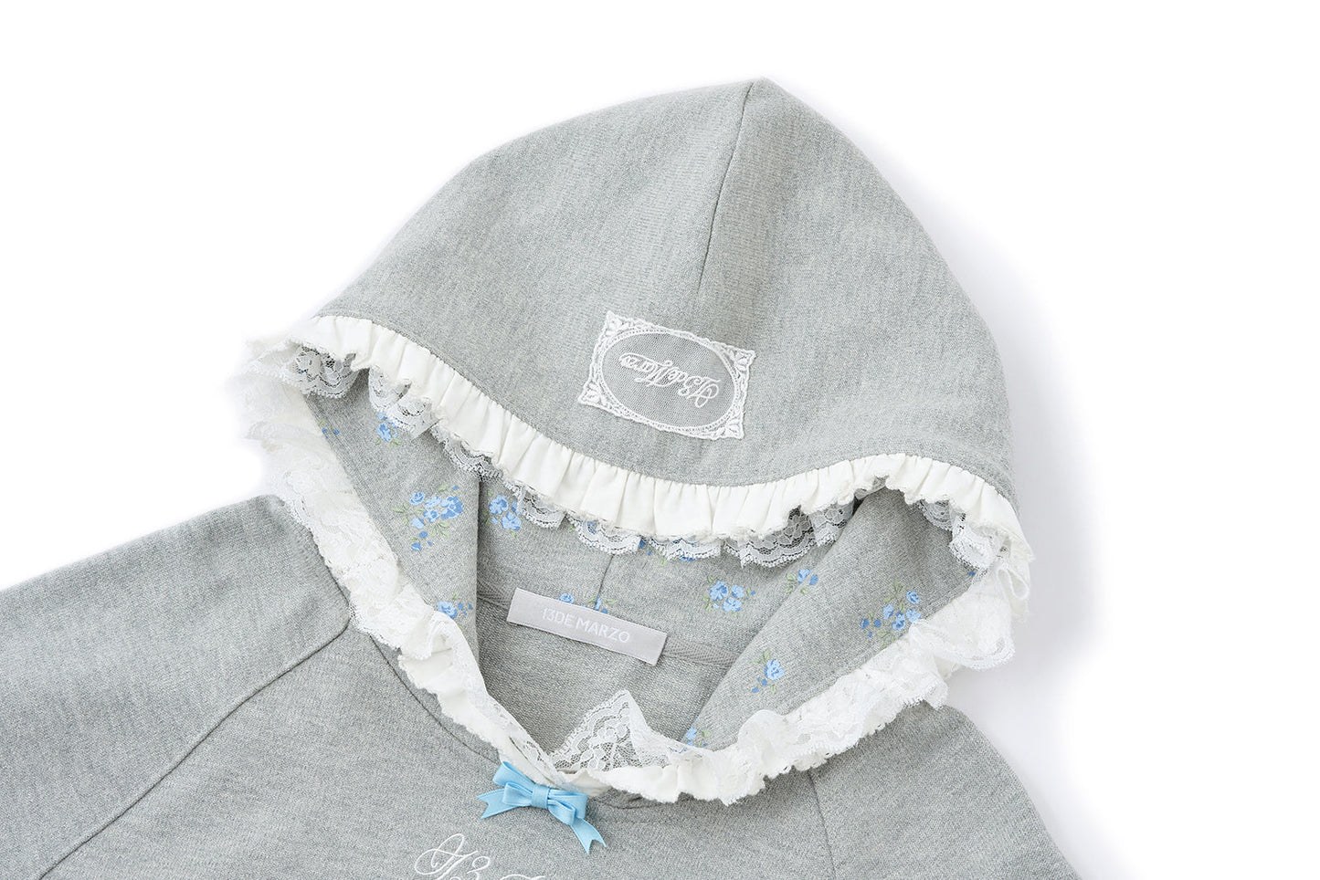 13DE MARZO Lace-Brim Pullover Hoodie Grey