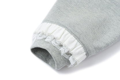 13DE MARZO Lace-Brim Pullover Hoodie Grey