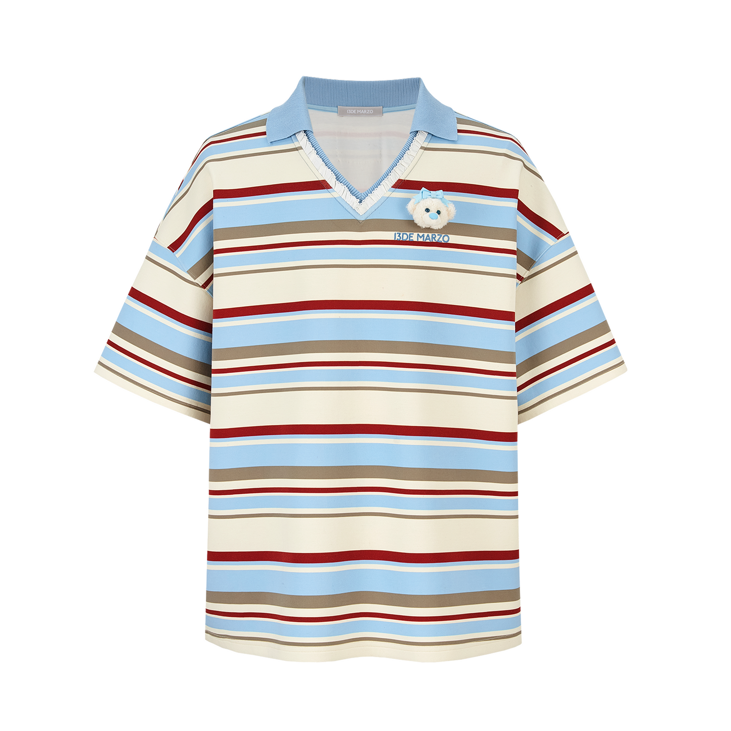 13DE MARZO V-Neck Polo Stripe T-shirt Blue
