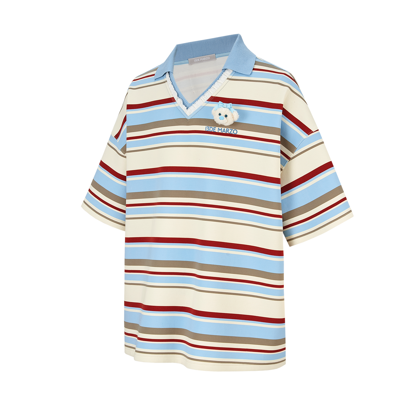 13DE MARZO V-Neck Polo Stripe T-shirt Blue