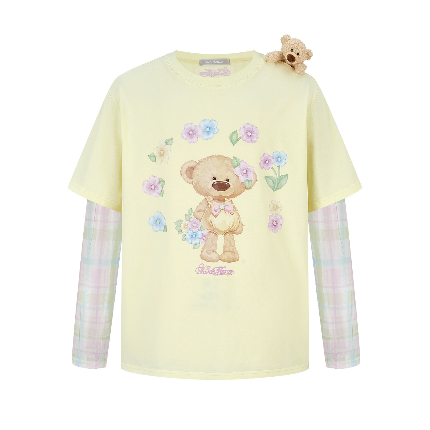 13DE MARZO Floral Appliqué Style Long Sleeve T-shirt Yellow