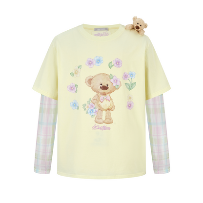 13DE MARZO Floral Appliqué Style Long Sleeve T-shirt Yellow