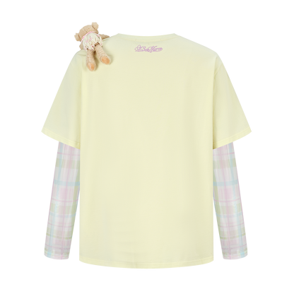 13DE MARZO Floral Appliqué Style Long Sleeve T-shirt Yellow