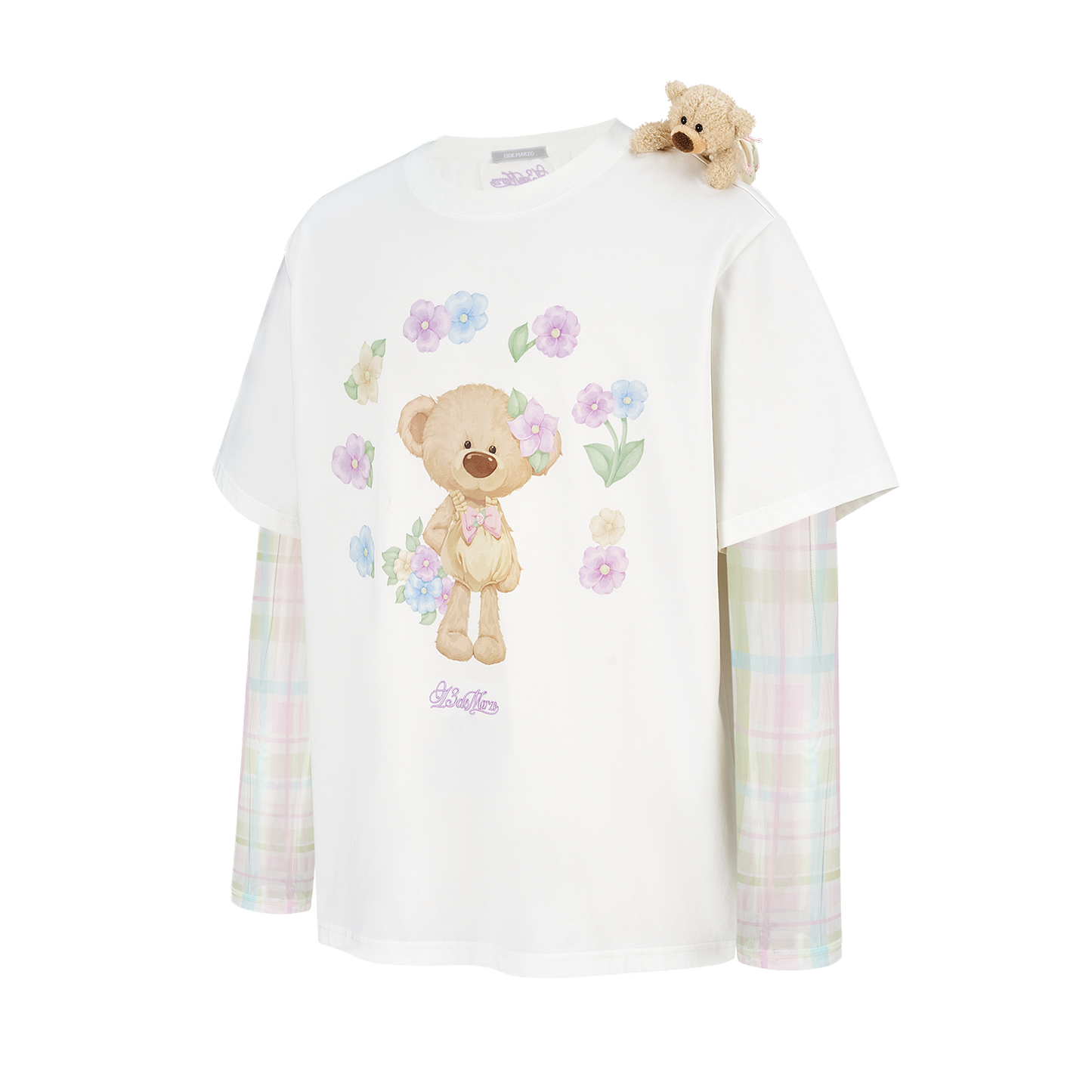 13DE MARZO Floral Appliqué Style Long Sleeve T-shirt White