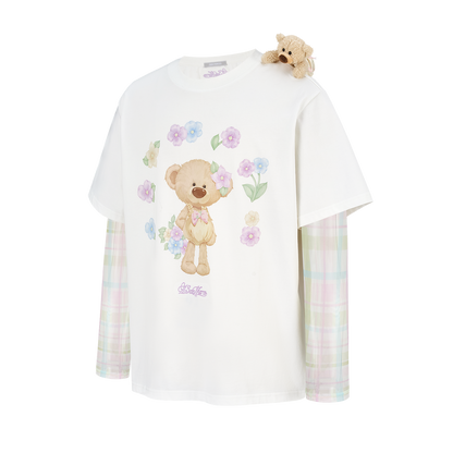 13DE MARZO Floral Appliqué Style Long Sleeve T-shirt White