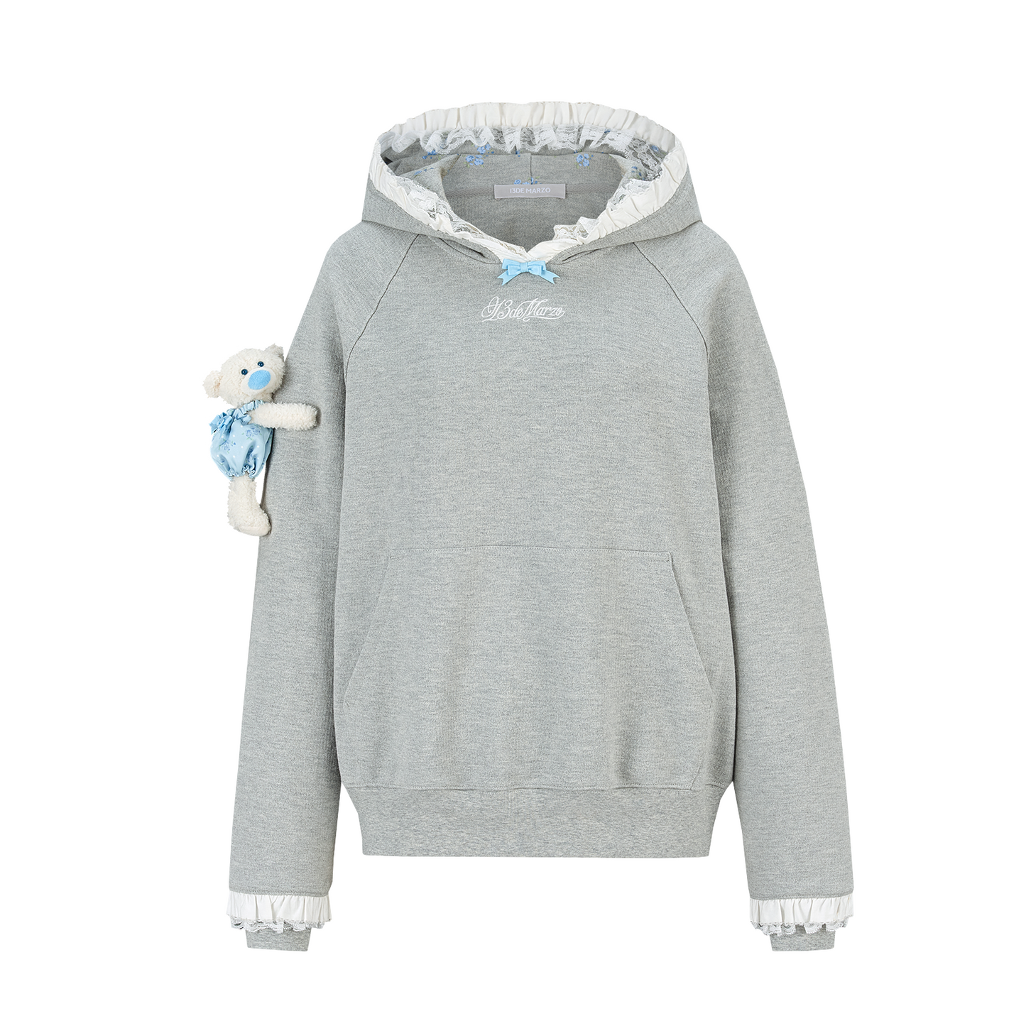 13DE MARZO Lace-Brim Pullover Hoodie Grey