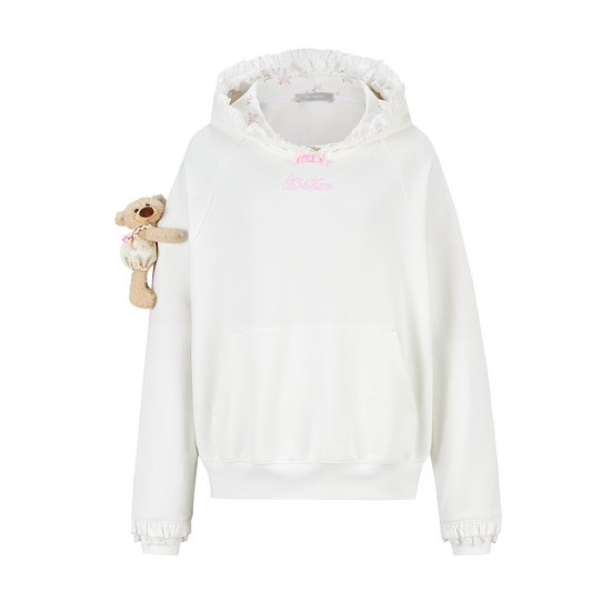 13DE MARZO Lace-Brim Pullover Hoodie White