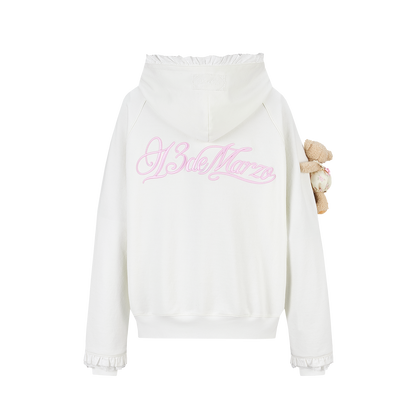 13DE MARZO Lace-Brim Pullover Hoodie White