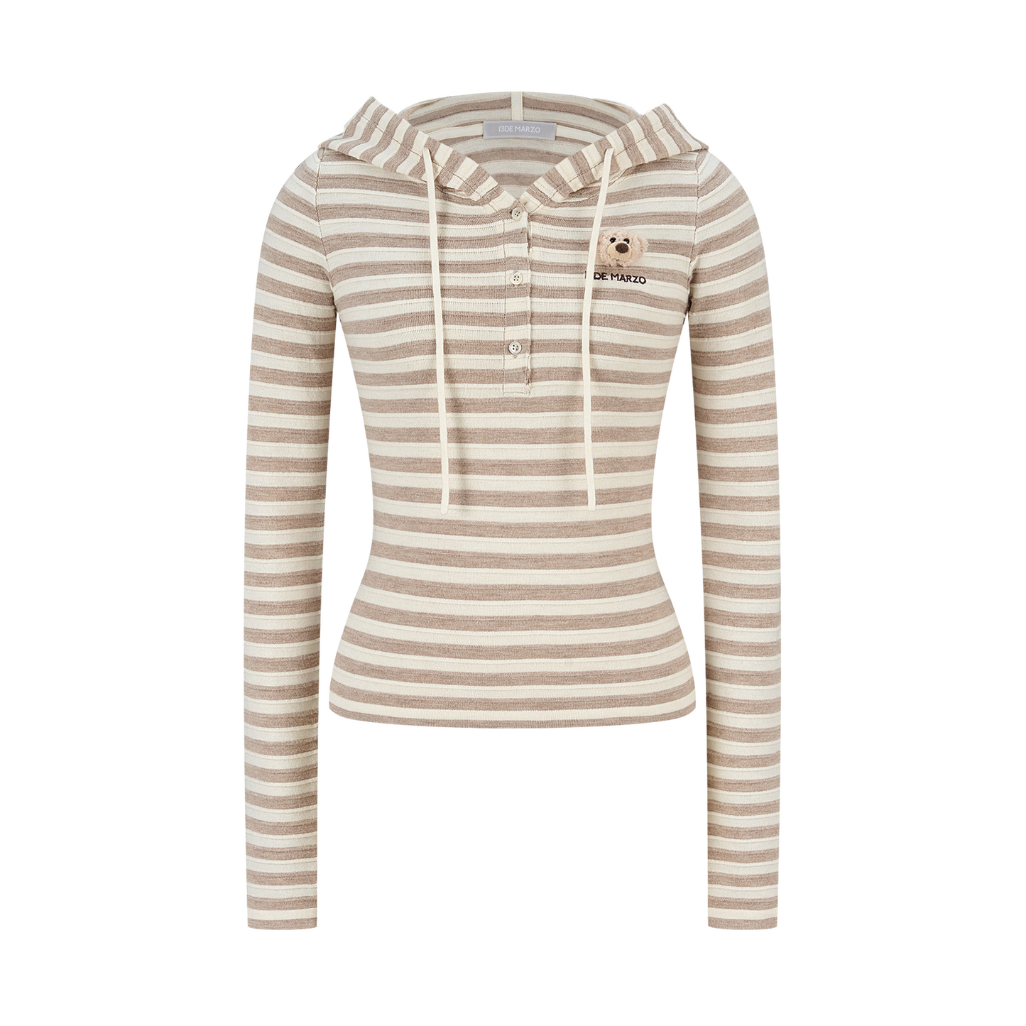 13DE MARZO Striped Bear Embossed Fitted Long Sleeve Khaki