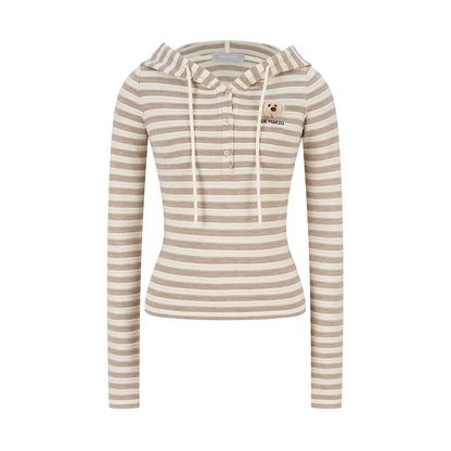 13DE MARZO Striped Bear Embossed Fitted Long Sleeve Khaki