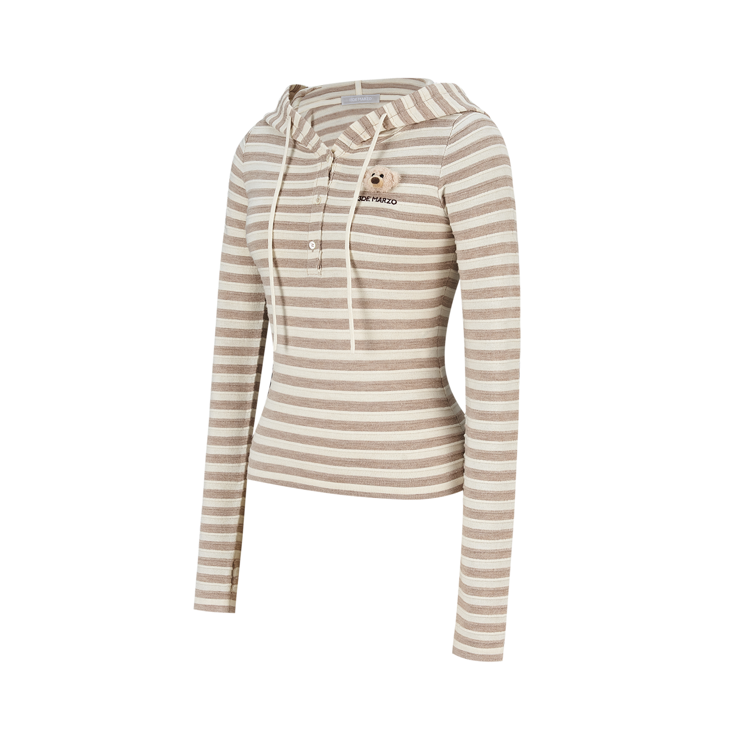 13DE MARZO Striped Bear Embossed Fitted Long Sleeve Khaki