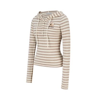 13DE MARZO Striped Bear Embossed Fitted Long Sleeve Khaki