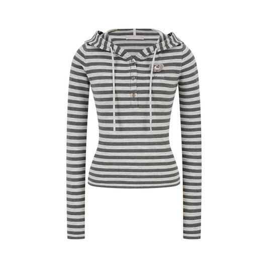 13DE MARZO Striped Bear Embossed Fitted Long Sleeve Grey