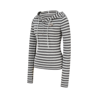 13DE MARZO Striped Bear Embossed Fitted Long Sleeve Grey