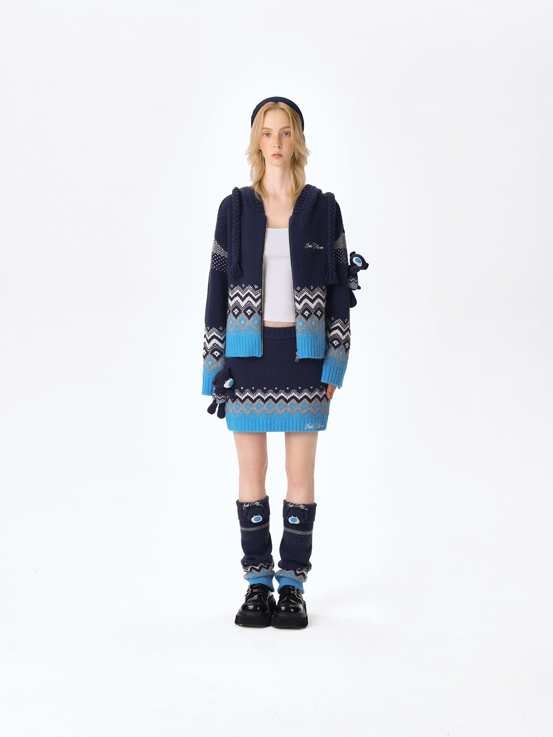 13DE MARZO Fair Isle Bear Cardigan Navy Blue