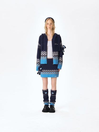 13DE MARZO Fair Isle Bear Cardigan Navy Blue