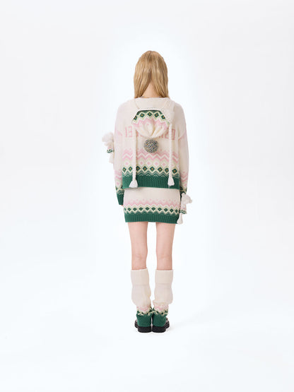 13DE MARZO Fair Isle Bear Cardigan Beige