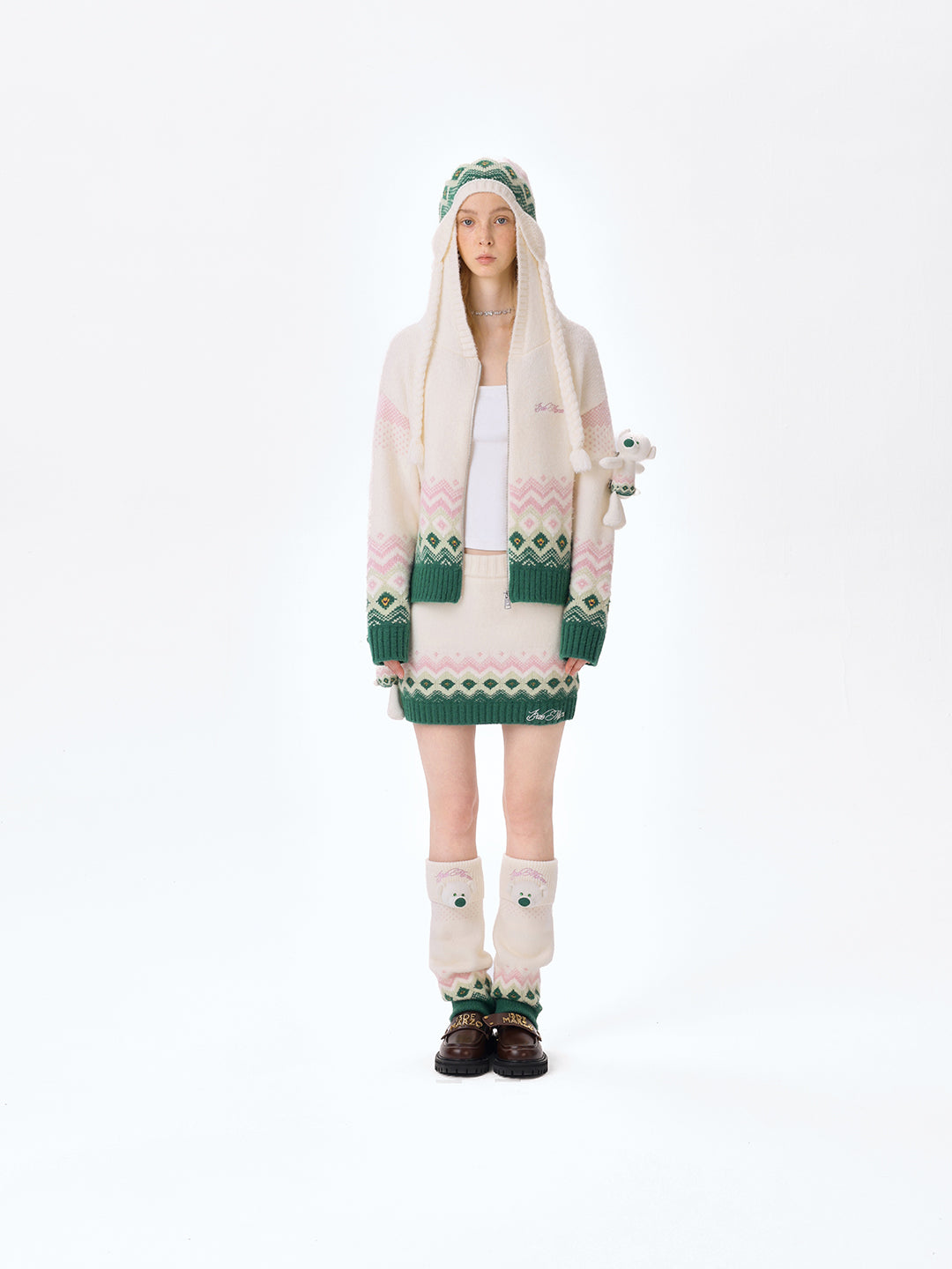 13DE MARZO Fair Isle Bear Cardigan Beige