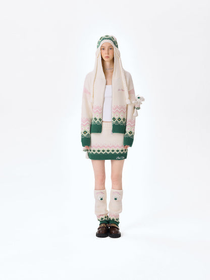 13DE MARZO Fair Isle Bear Cardigan Beige