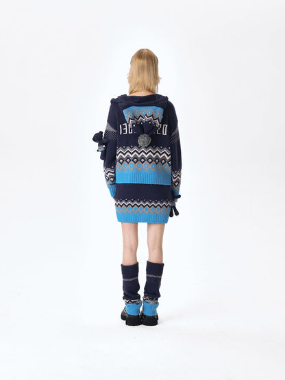13DE MARZO Fair Isle Bear Cardigan Navy Blue