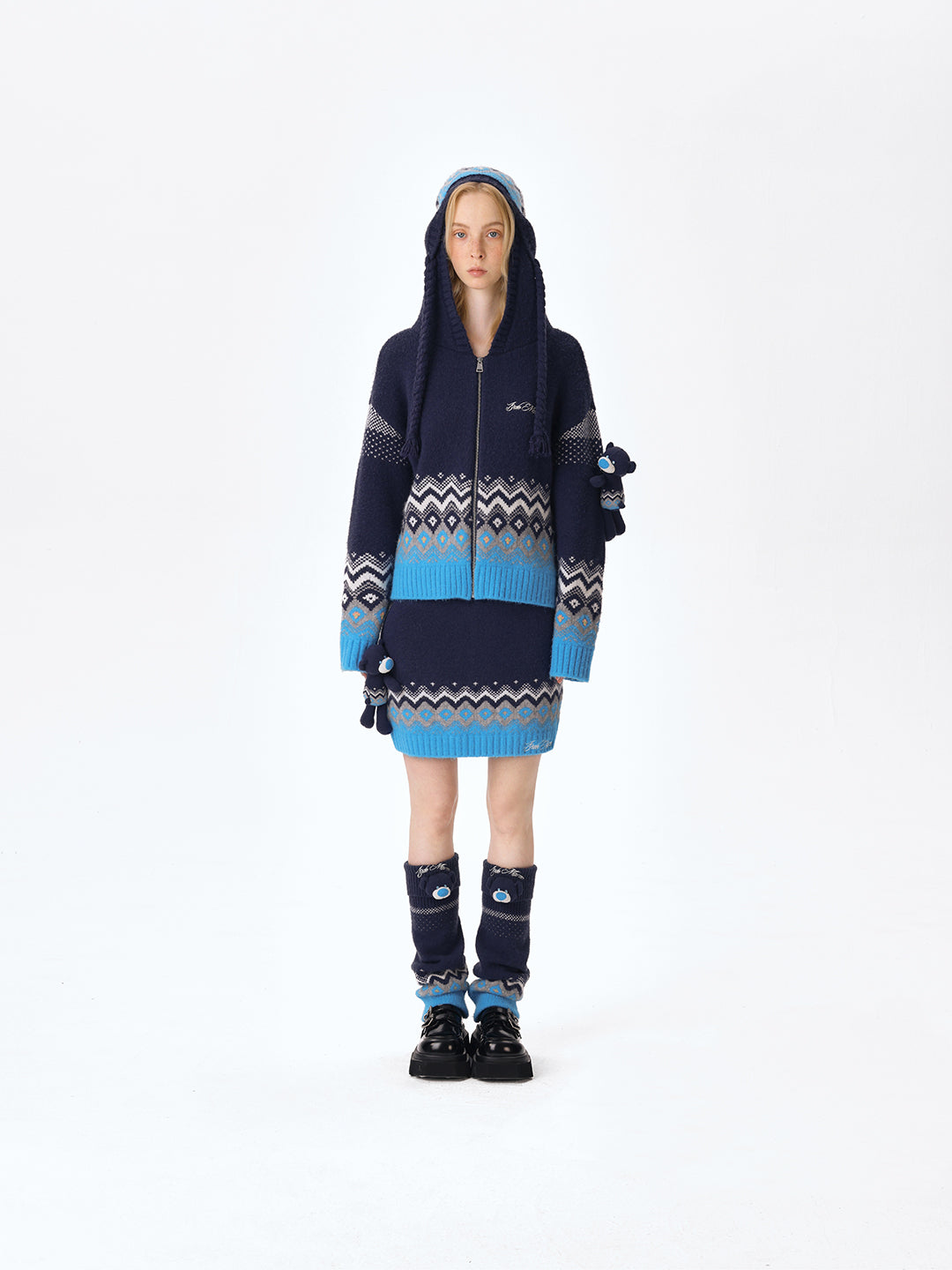 13DE MARZO Fair Isle Bear Cardigan Navy Blue