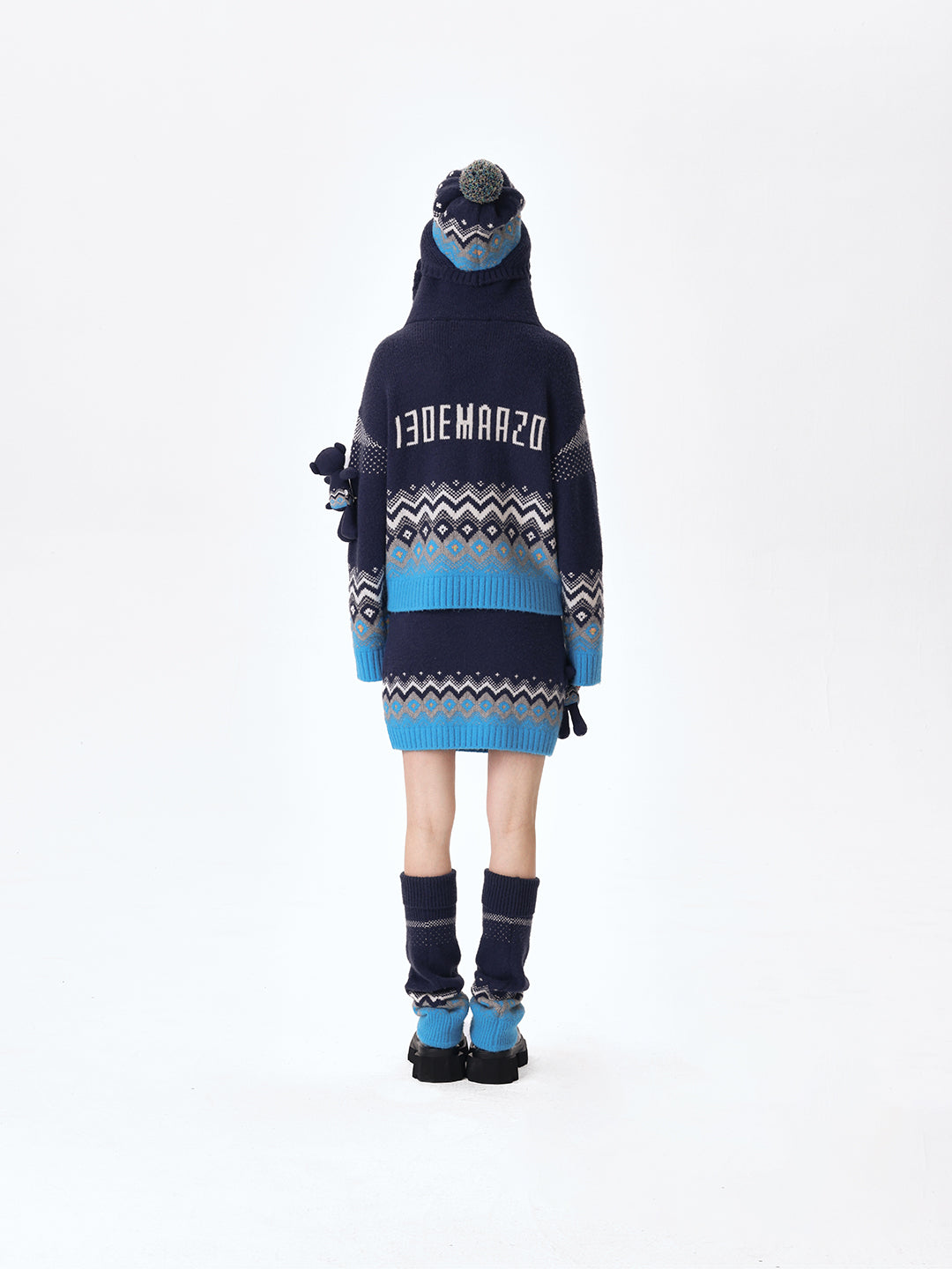 13DE MARZO Fair Isle Bear Cardigan Navy Blue