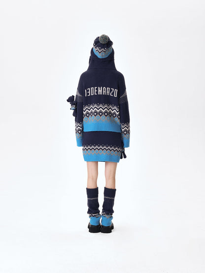 13DE MARZO Fair Isle Bear Cardigan Navy Blue