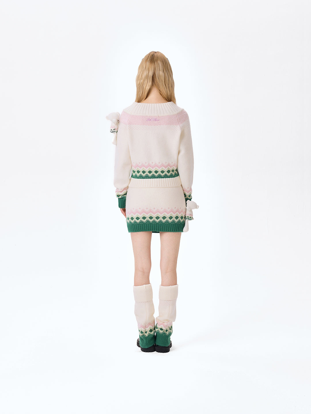 13DE MARZO Fair Isle Bear Off Shoulder Sweater Beige