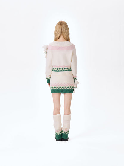 13DE MARZO Fair Isle Bear Off Shoulder Sweater Beige